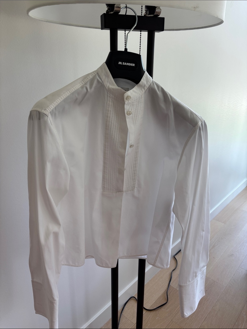 Jil Sander White Band-Collar Pleated Front Shirt - Minimalist cotton Dress Shirt